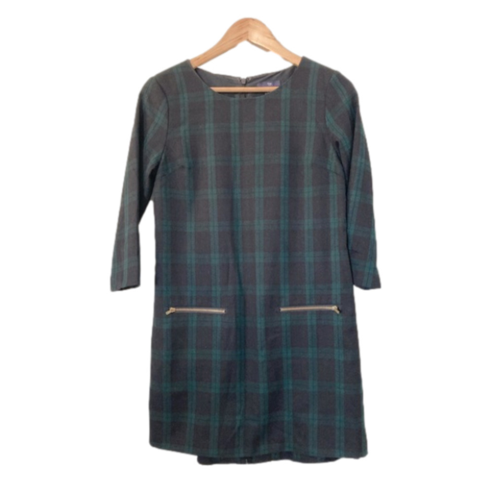 GAP dress XS princess style sheath dress zipper pockets blue green plaid